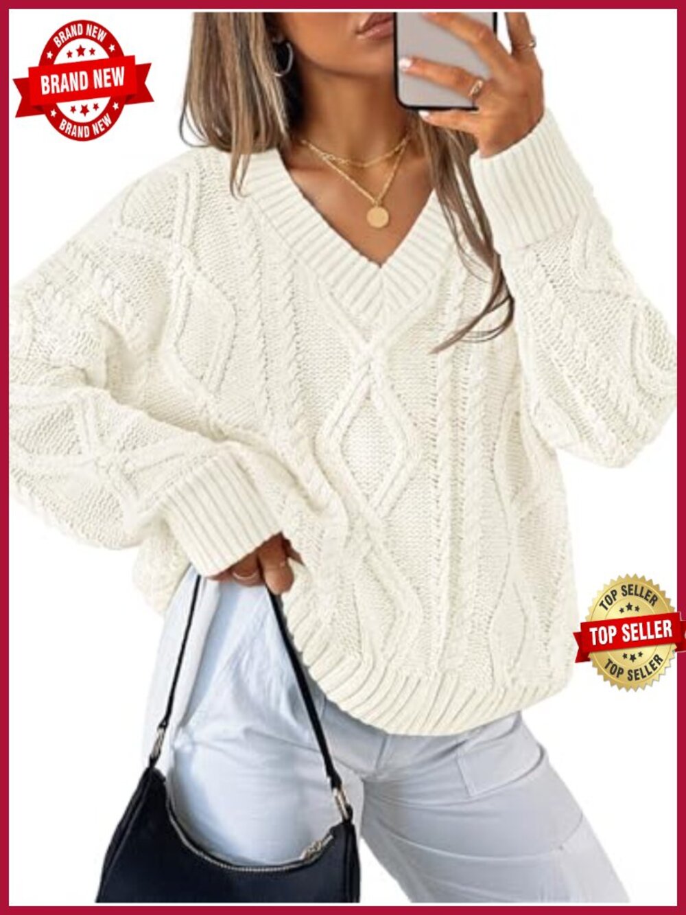 Cable Knit Oversized Long Sleeve V-Neck Pullover Sweater